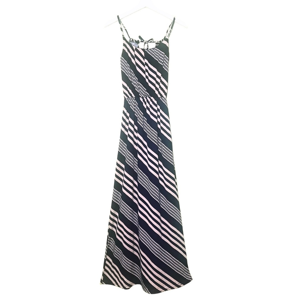 Love Navy + Cream Tan Diagonal Striped Maxi Dress — Tie Back